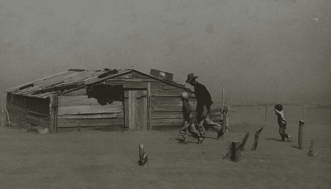 Father and two sons walking during the Dust Bowl.