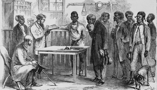 Illustration of Freedmen lining up to register to vote in 1867.