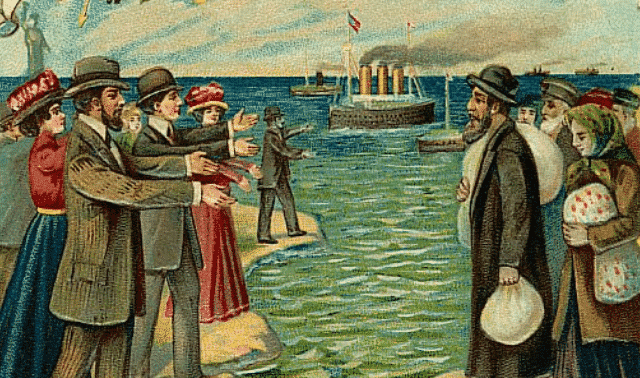 Vintage postcard depicting Russian Jews standing on European shores as their Americanized relatives beckon. 
