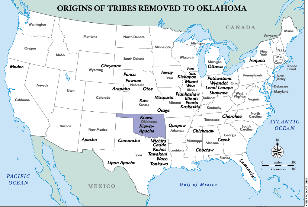 Map showing origins of American Indian tribes removed to Oklahoma.