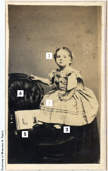Civil war-era portrait of a young girl posing with a family album.