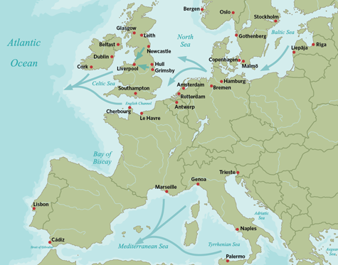 Map of major European port cities.