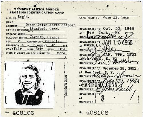 1943 NONRESIDENT ALIEN'S BORDER CROSSING CARD, FROM CANADA