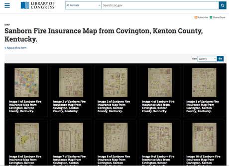 Screenshot from the Library of Congress, showing various page thumbnails for a Sanborn map collection