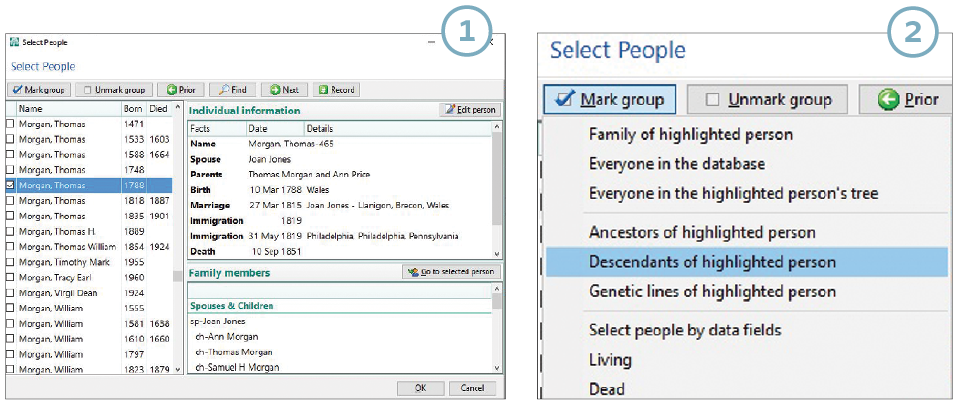 Screenshots showing how to share GEDCOM files