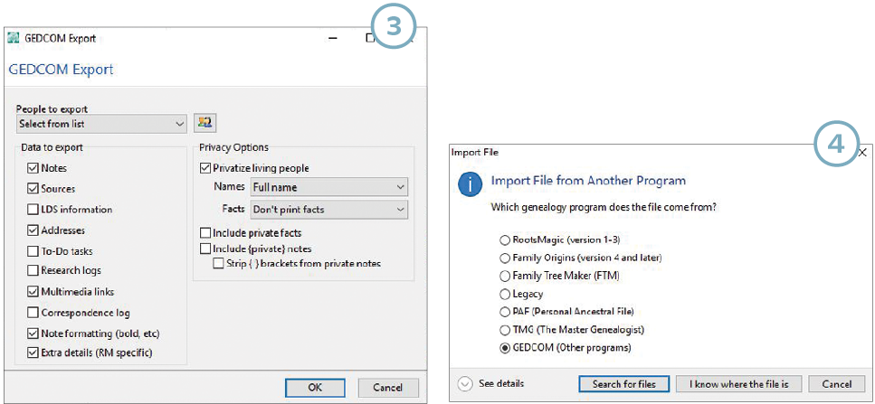 Screenshots show GEDCOM export process
