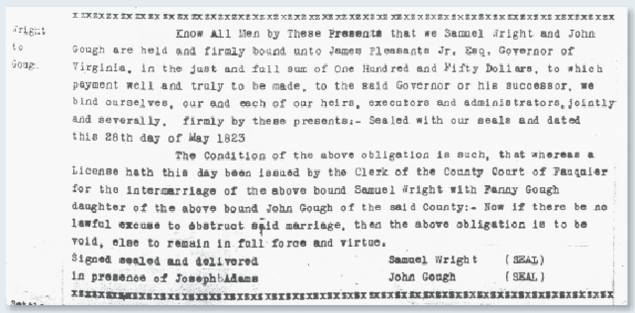 Transcript of a marriage bond from 1823. Marriage bonds can be used as  de facto marriage certificates in the absence of other records.