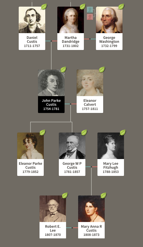 George Washington's family tree, including Robert E. Lee, who married one a descendant of Washington's stepson