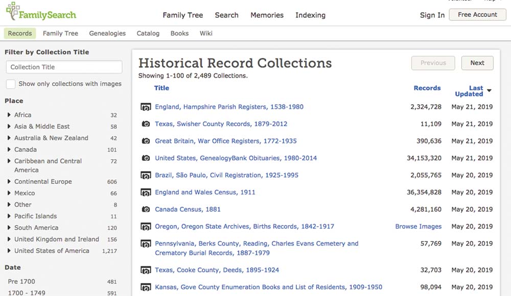 List of record collections at FamilySearch, sorted by date updated