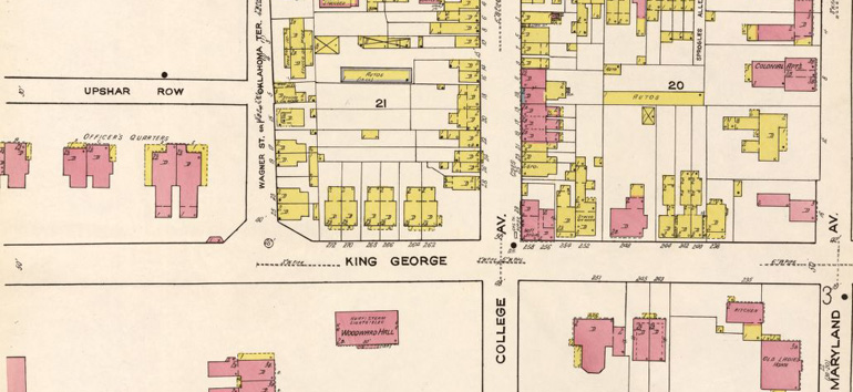 Sample Sanborn map, showing street names, buildings, and what the various buildings are made of