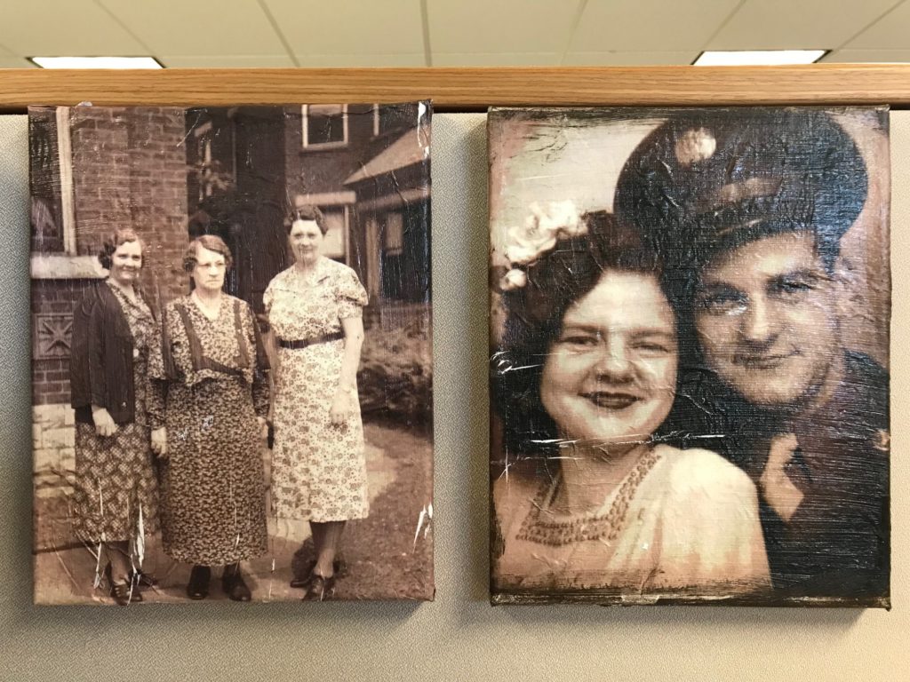 Photo transfers hanging on my cubicle wall