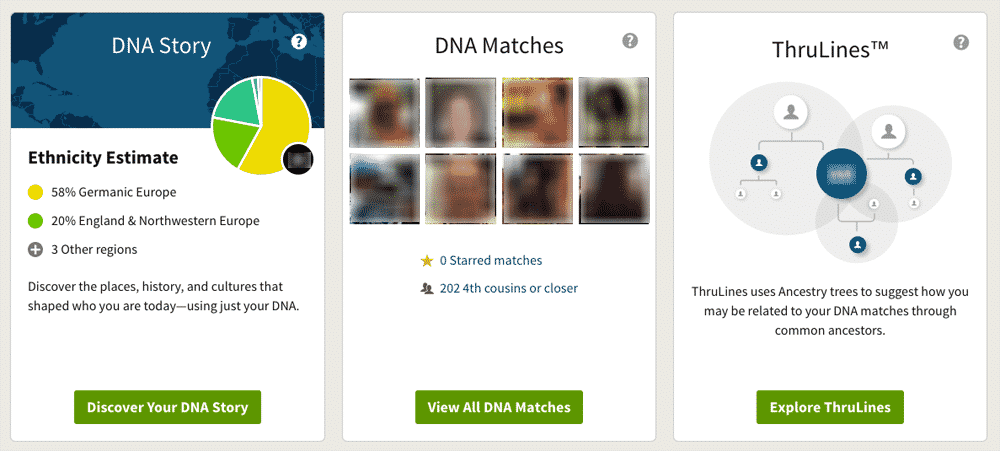 AncestryDNA home page, showing ethnicity estimates, shared matches, and Thrulines