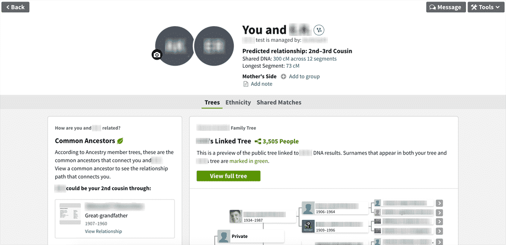 AncestryDNA individual DNA match page