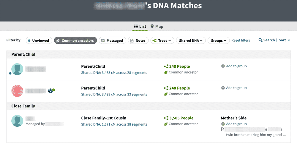 AncestryDNA matches list with Common Ancestors filter selected