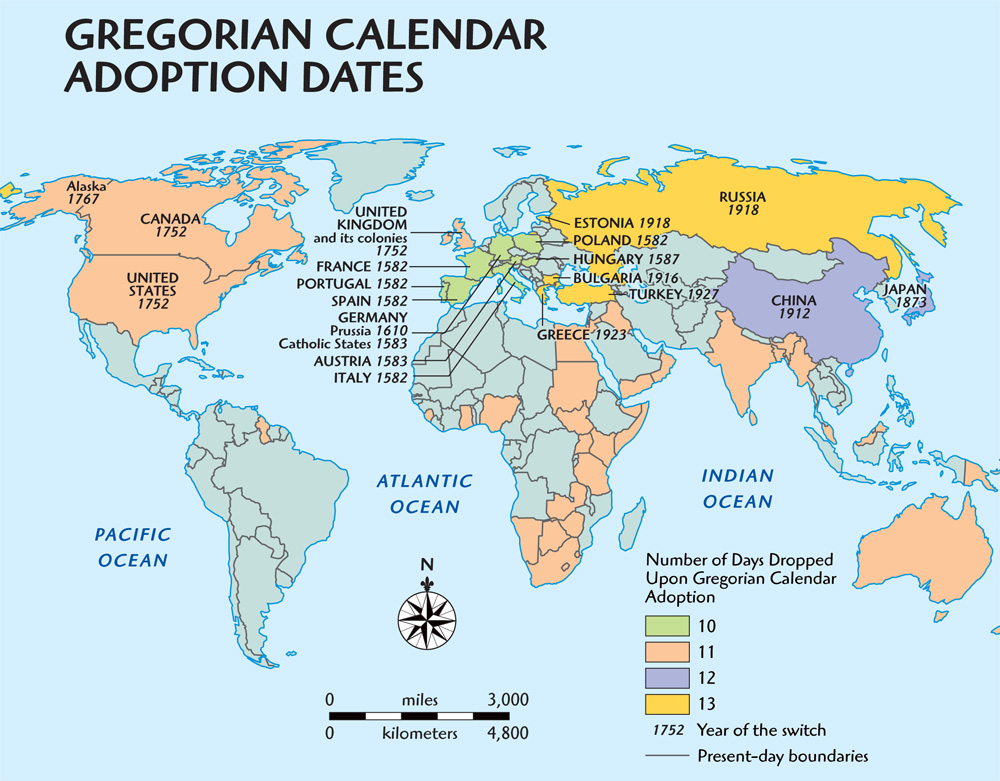 This map shows Gregorian calendar adoption dates by country.