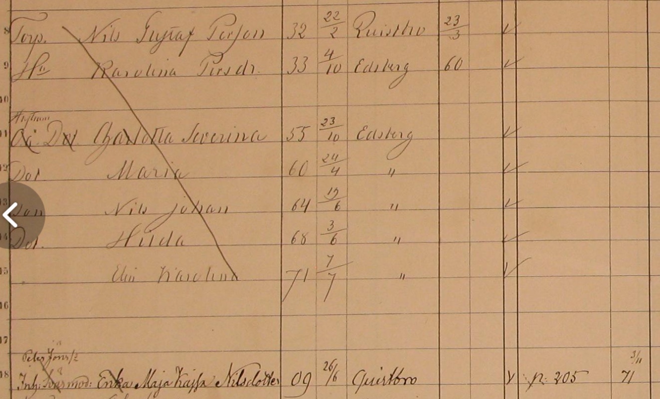 Swedish household examination book showing Maia's handwritten entry several lines down from her daughter