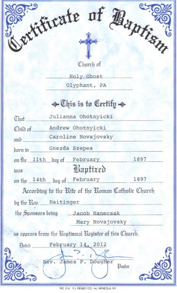 Example of a baptismal certificate.