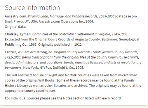Screenshot shown here for Ancestry.com’s database, “Virginia Land, Marriage and Probate Records, 1639-1850.”