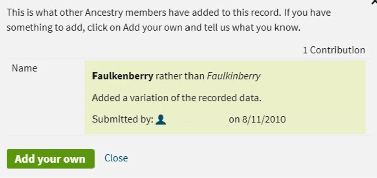 Screenshot of Ancestry.com's Add Alternate Info option to correct record errors.