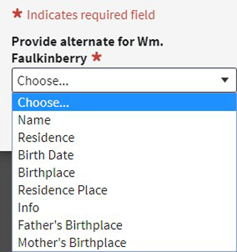 Screenshot of Ancestry.com's Add Your Own option to correct record errors.