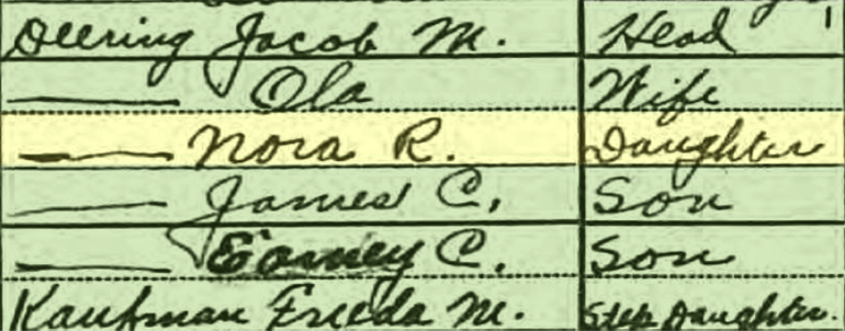 Detail of a census record error listing a step-daughter as a daughter.