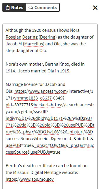 Screenshot of Ancestry.com's optional source notes section for correcting record errors.
