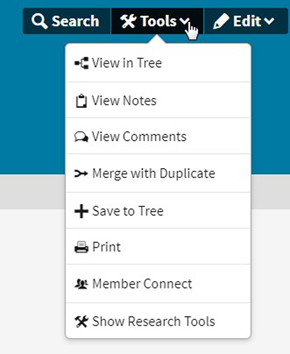 Screenshot of Ancestry.com Tools menu for correcting record errors.