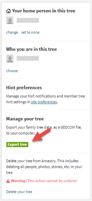 Step 4 for downloading a GEDCOM file is shown here: Export Tree.