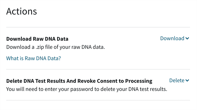 Screenshot of AncestryDNA page where you can select to download or delete your data