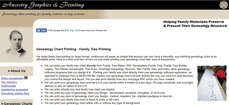 One of the five family tree chart printing services include Ancestry Graphics & Printing.