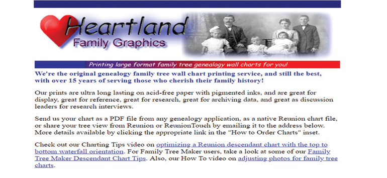 One of the five family tree chart printing services include Heartland Family Graphics.