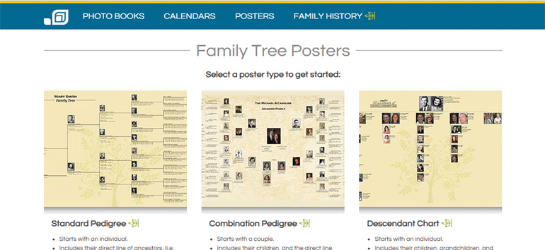 One of the five family tree chart printing services include MyCanvas by Alexander's.