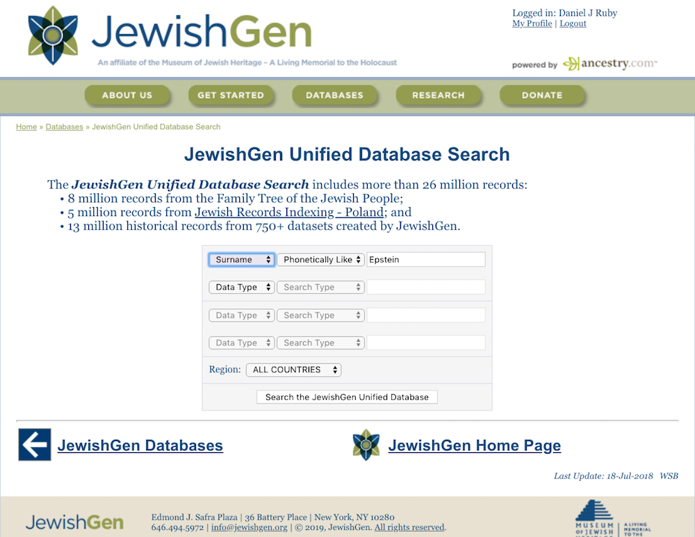 JewishGen's Unified Database Search page makes it easy to search for your ancestors by name.