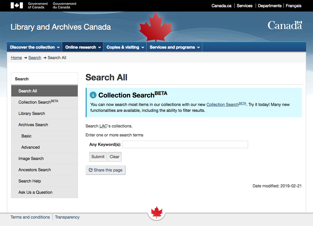 The Library and Archives Canada is a great free genealogy website for Canadian researchers. Dive into its collections from the Search All page.