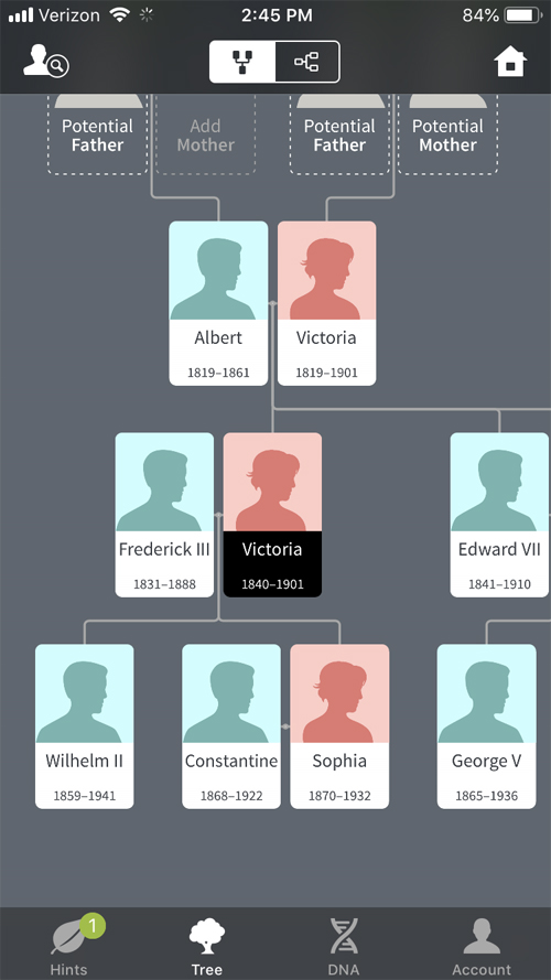 Ancestry's mobile app lets you review your tree and hints on your smart device.
