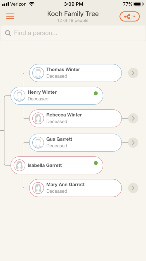 MyHeritage's app allows you to review your family tree as well as record hints.