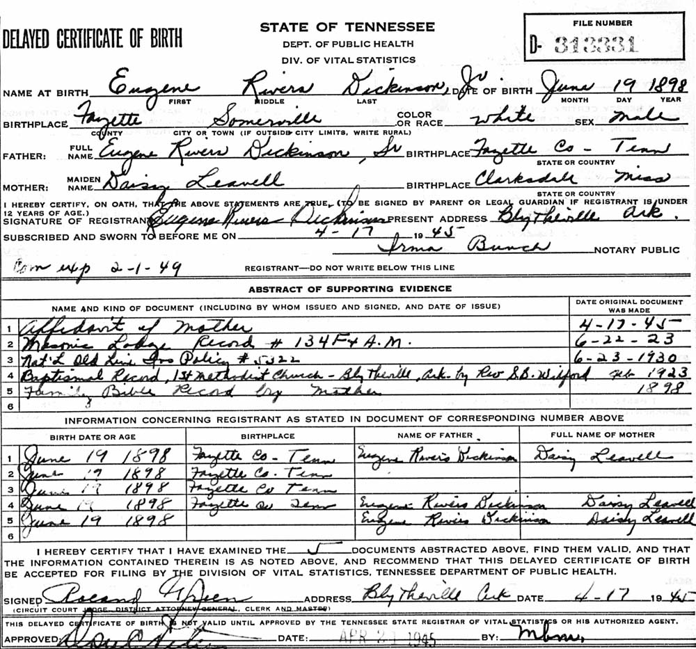 This delayed birth certificate lists other documents that validate the information here. 