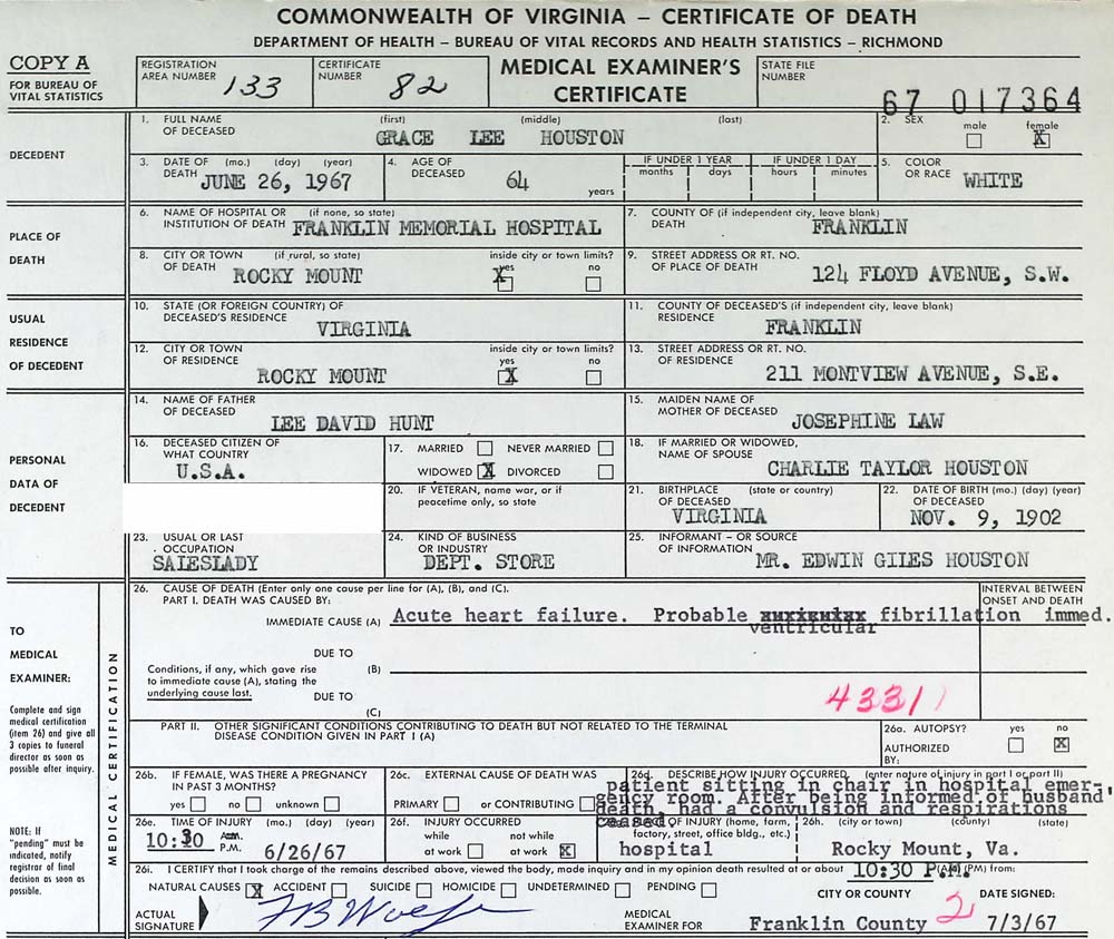Vital records contain details about the person's cause of death. In this case, Grace Houston died in the hospital shortly after learning of her husband's death. 