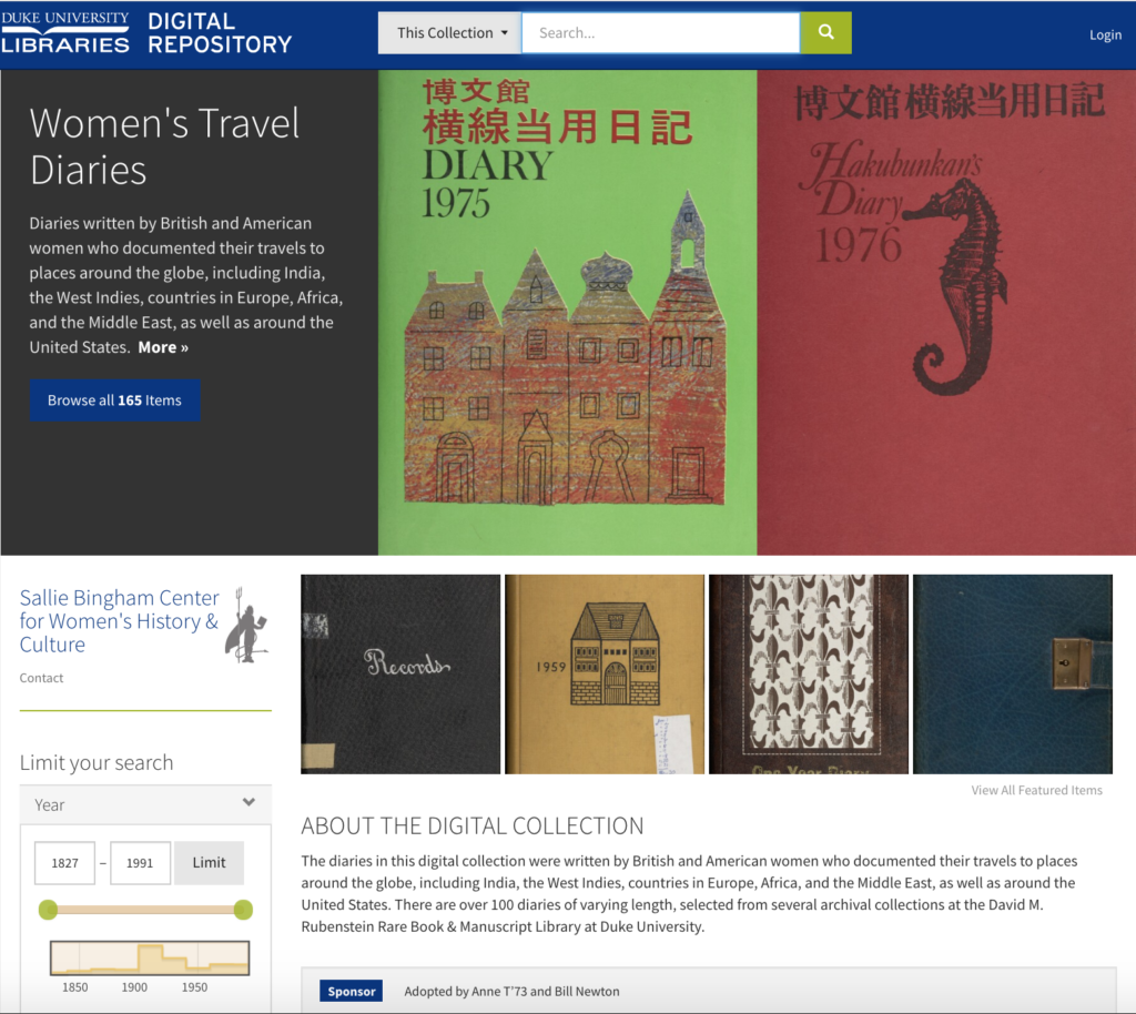 Digitized collection of women's travel diaries at Duke University.