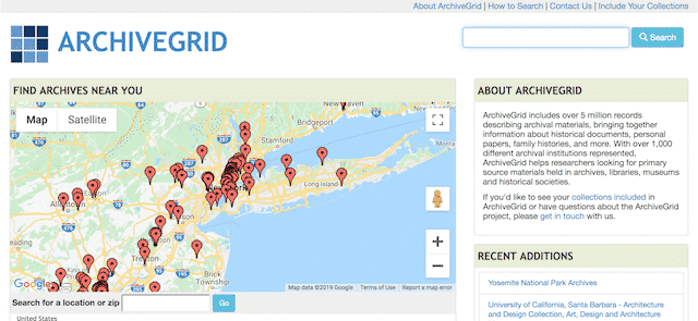 Home page of ArchiveGrid, an unexpected website you can use for genealogy.