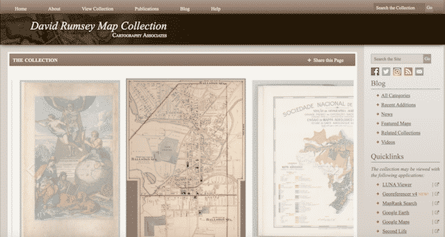 Home page of the David Rumsey Map Collection, an unexpected website you can use for genealogy.