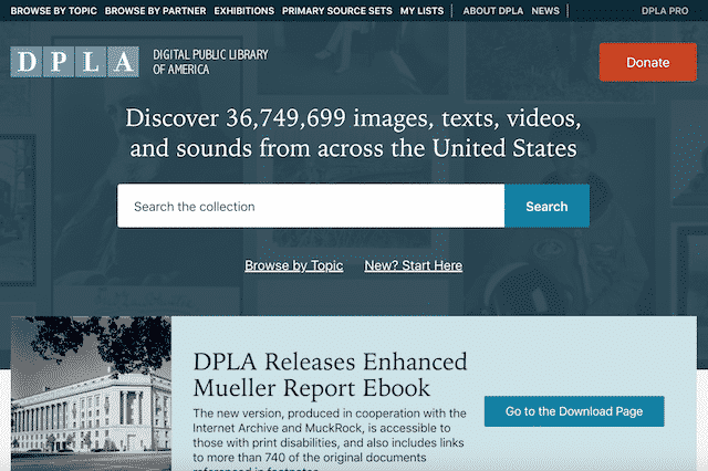 Home page of the Digital Public Library of America, an unexpected website you can use for genealogy.