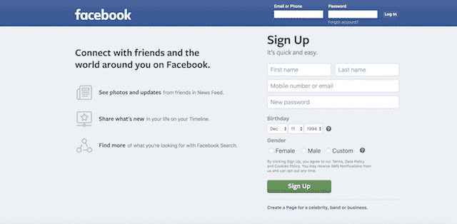 Home page of Facebook, an unexpected website you can use for genealogy.