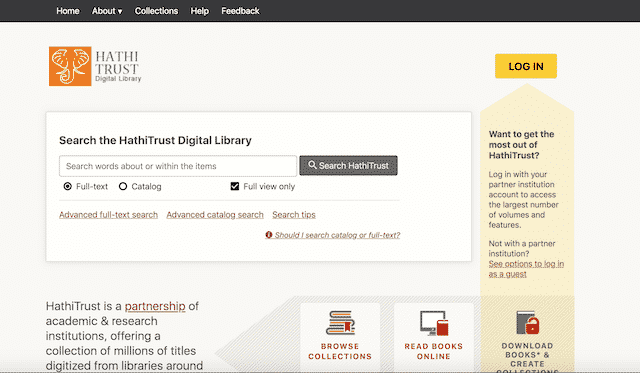 Home page of HathiTrust, an unexpected website you can use for genealogy.