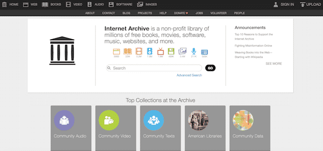 Home page of Internet Archive, an unexpected website you can use for genealogy.
