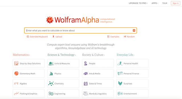 Home page of WolframAlpha, an unexpected website you can use for genealogy.
