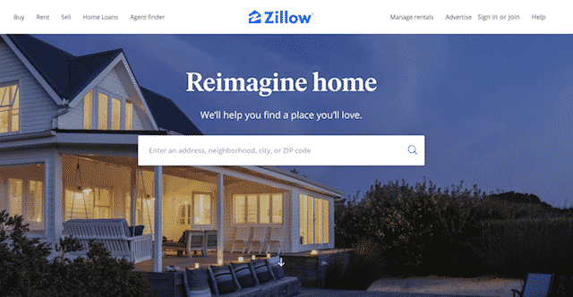 Home page of Zillow, an unexpected website you can use for genealogy.