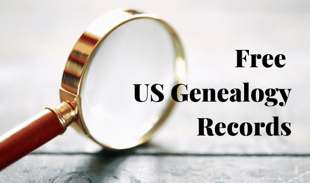 Magnifying glass and text, "Free US Genealogy Records."