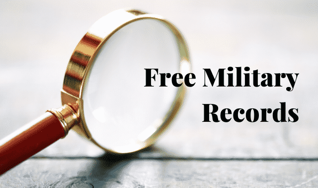 Magnifying glass and text, "Free Military Records."