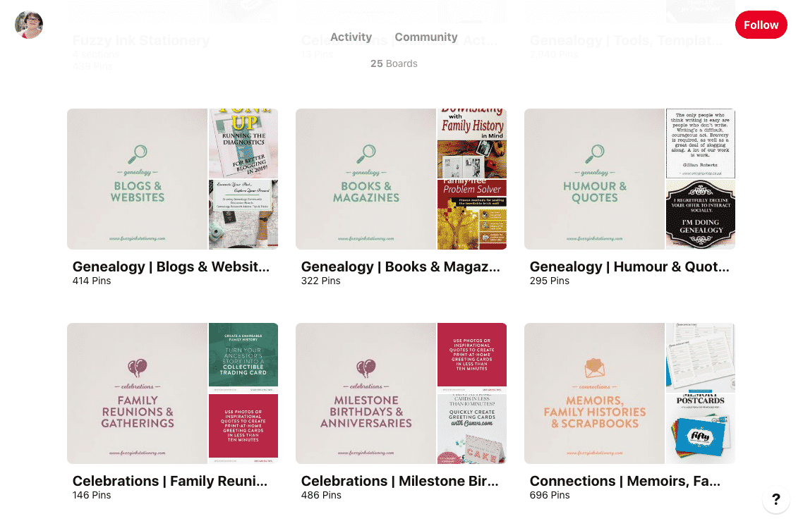 Screenshot of Fuzzy Ink Stationary's genealogy Pinterest boards.